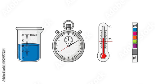 Laboratory Equipment: Beaker, Stopwatch, Thermometer, pH Test Strip
