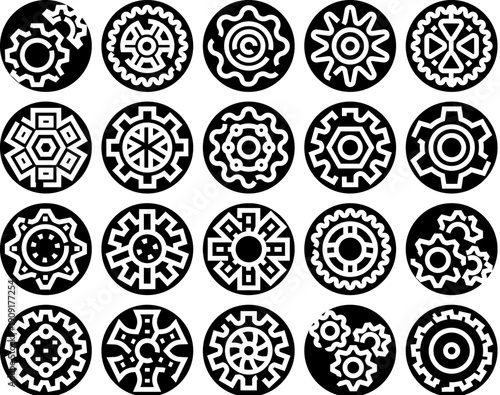 Collection of diverse gear and cogwheel symbols representing machinery, industrial processes, engineering, and digital settings, offering versatile design elements for various technological concepts