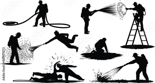 Silhouette vector of firefighters using water hoses in various poses, representing emergency response, safety, teamwork, risk, and protection