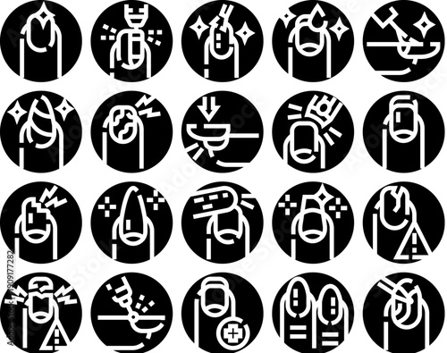 Various nail care procedures, treatments, and beauty services depicted as monochrome glyph icons, illustrating concepts of health, hygiene, and professional salon services