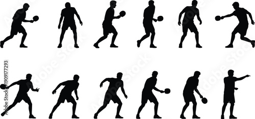 Silhouette vector illustration of twelve dynamic table tennis players in various poses, serving, returning shots, and ready positions for gameplay.