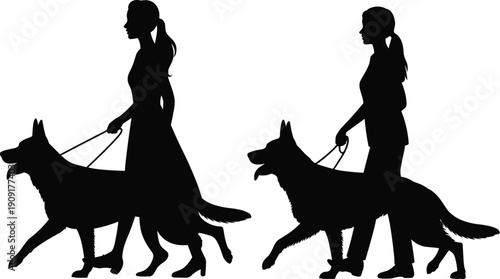 Silhouette women walking dogs vector illustration showing stylish attire, German Shepherd pets, outdoor activity, fashion lifestyle, companionship, animal care design collection