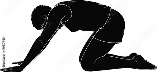 Silhouette yoga cat pose illustration showing stretching exercise posture for wellness, fitness, spine flexibility, meditation, relaxation, and healthy lifestyle.