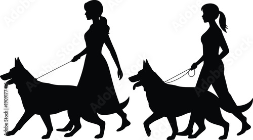 Silhouette women walking dogs with leashes, German Shepherd vector illustration, pet care lifestyle design, outdoor activity, companionship concept, urban culture art