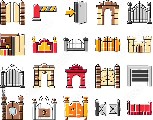 Collection of colorful outline icons representing various gates and doors, including garden entrances, driveways, security barriers, and building entry points, for property access and boundaries