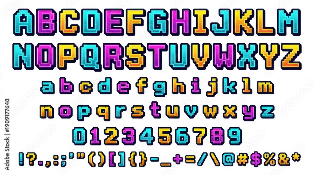Obraz premium font alphabet in retro arcade style from a to z numbers punctuation isolated on white background