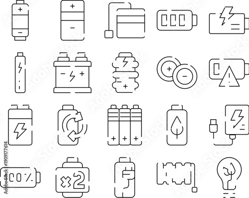 Collection of minimal outline icons representing various battery types, energy levels, charging states, and power symbols, illustrating concepts of electricity storage and sustainable power sources