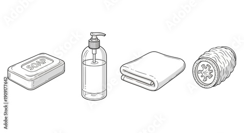 Hygiene Essentials: Soap, Liquid Soap Dispenser, Folded Towel, and Rolled Washcloth