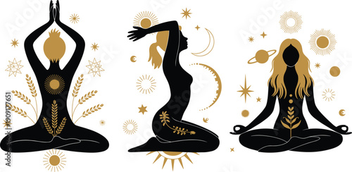 Stylized yoga women silhouettes with golden cosmic, nature, and spiritual elements in meditation poses vector illustration for harmony and balance