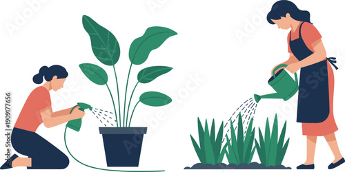 Vector illustration of people gardening with watering can and spray bottle, caring for plants, grass, potted greenery, outdoor environment