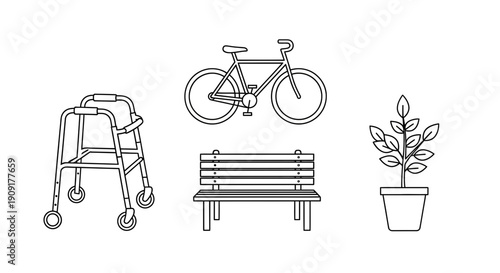 Icons: Walker, Bicycle, Bench, Potted Plant - Outdoor and Mobility Symbols