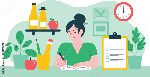 Vector illustration of person writing at desk with checklist, plants, clock, and organized workspace showing productivity and planning concept