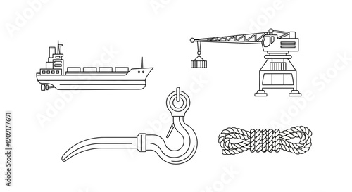 Industrial Shipping and Cargo Handling: Ship, Crane, Hook, Rope, and Container