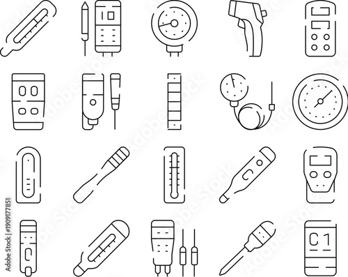 Collection of outline icons displaying different types of temperature measurement tools, including medical, digital, analog, and industrial thermometers for diverse applications and environments