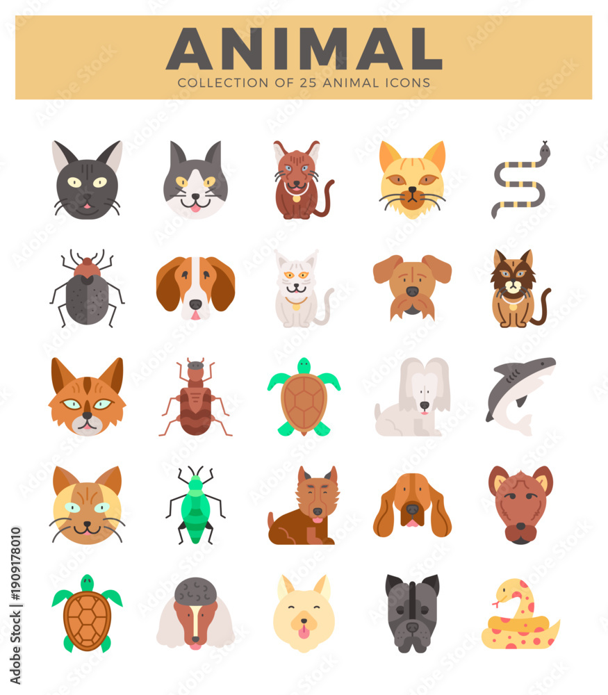 Fototapeta premium animal icons featuring cats. dogs. and insects in a flat design style.