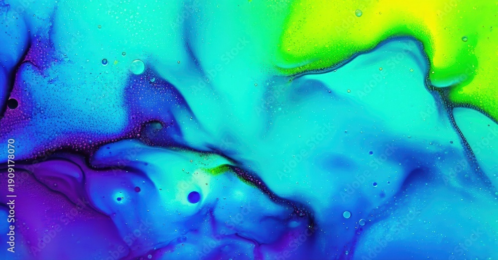 Fototapeta premium Vibrant fluid colors mix, creating abstract patterns. Turquoise, purple, yellow blend beautifully. Bubbles add texture, dynamic movement.