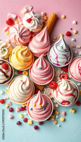 A whimsical collection of frozen yogurt and ice cream scoops in various flavors and toppings,  toppings,  scoops