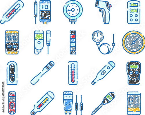 Variety of hand drawn medical equipment and healthcare tools forming a pattern, including thermometers, blood pressure monitors, and other measuring devices, on a white background