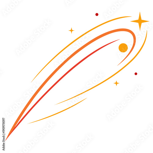 A vibrant orange comet streaks across the night sky with stars