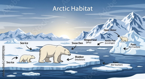 Polar bears and arctic habitat with labeled ecosystem components sea ice and mountain ranges under a sunny sky