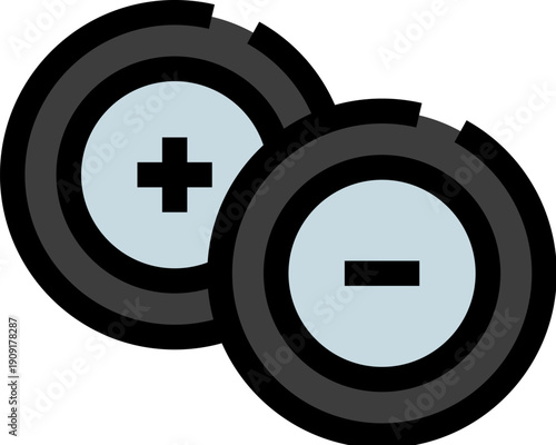 Two overlapping round button style battery cells symbolizing electric power and energy with distinct plus and minus signs indicating their positive and negative charges, representing polarity