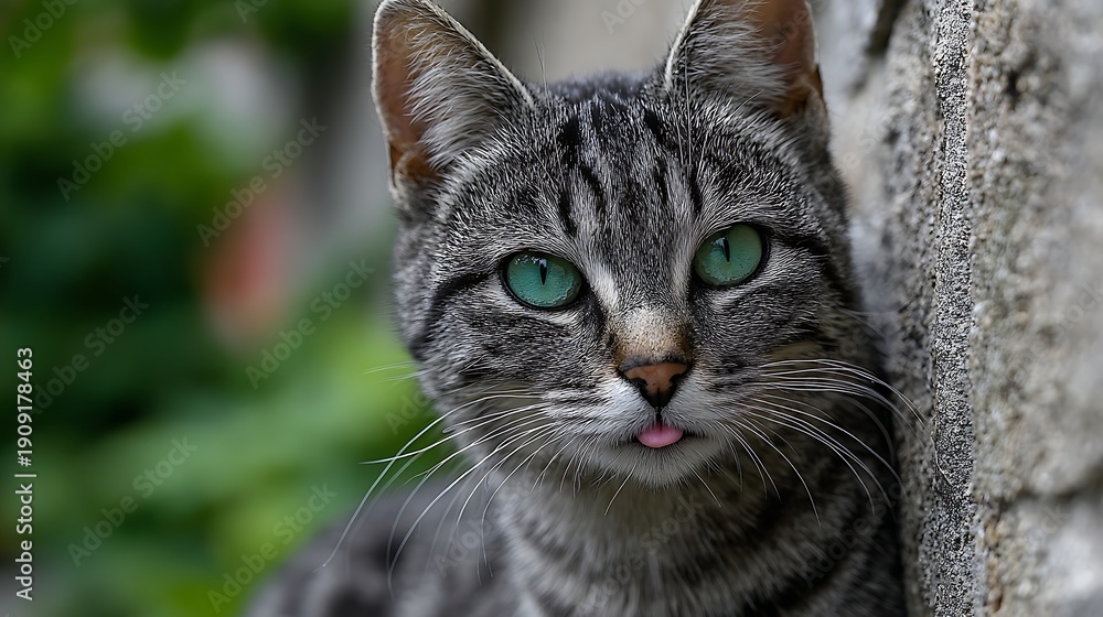 Fototapeta premium Alert Tabby Cat in a Natural Setting / 自然の中で警戒するキジトラ猫