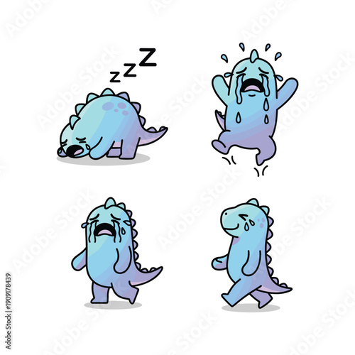 Cartoon dinosaur experiencing morning routine struggles with sleepiness and morning anxiety