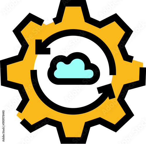 Gear icon with a cloud and two circular arrows symbolizing cloud computing, automated synchronization, data backup and restore, network integration, virtual server management and processing