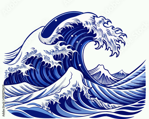 Japanese Inspired Ocean Wave Line Art – Vintage Engraving Style Sea Illustration Vector.