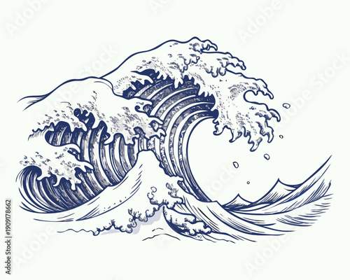 Japanese Inspired Ocean Wave Line Art – Vintage Engraving Style Sea Illustration Vector.