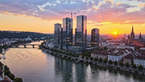 Wallpaper Mural Aerial view of urban cityscape with river, tall buildings, bridges, and sunset skyline at dusk Torontodigital.ca