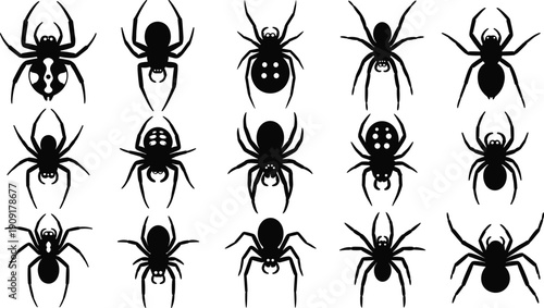 Black spider silhouettes collection, creepy arachnid icons, insect figures, halloween decoration, scary animal shapes, patterned abdomen, isolated vector illustration design