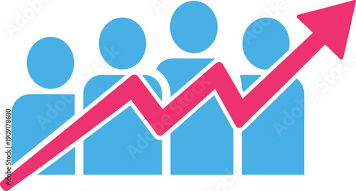 Blue human figures with upward arrow, business growth concept, teamwork productivity illustration, progress vector design, success performance graphic artwork
