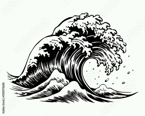 Japanese Inspired Ocean Wave Line Art – Vintage Engraving Style Sea Illustration Vector.