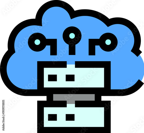 Cloud computing icon illustrating digital data storage, network infrastructure, and hosting services with interconnected servers representing modern technology and database management