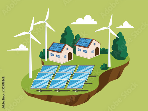 Eco friendly house using renewable sources of energy, solar panels, Wind power generator