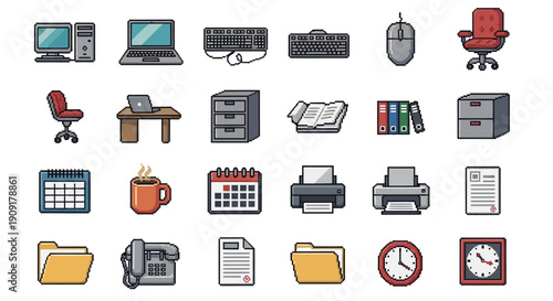 Pixel art office supplies and technology icons for business and productivity