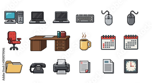 Pixel art office supplies and technology for modern workspace
