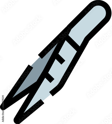 Tweezers icon representing a common handheld tool for precision tasks like plucking hair, used in beauty, grooming, medical, and various hobby applications, shown as a vector graphic