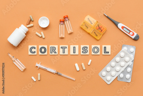 Word CORTISOL with thermome...