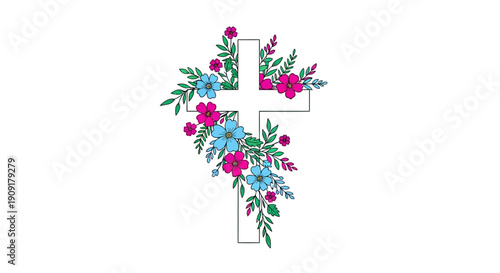 Floral cross illustration with colorful flowers and leaves