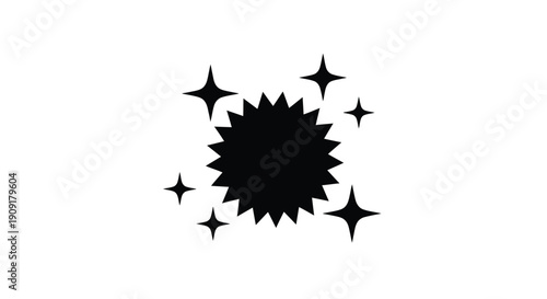 Black spiky shape surrounded by sparkling stars on a white background