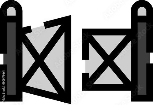 Gate icon presenting an entryway through a fence structure, with one section tilting, symbolizing concepts of access, freedom, or overcoming hurdles in a simple graphic illustration