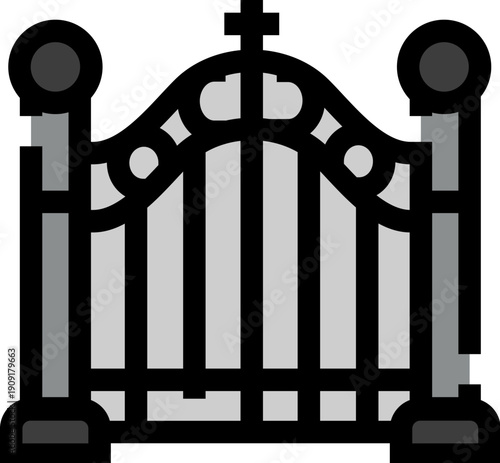 Ornate wrought iron cemetery gate with arched top and prominent cross, symbolizing entry to sacred, peaceful burial grounds memorial, mourning, faith, and eternal rest