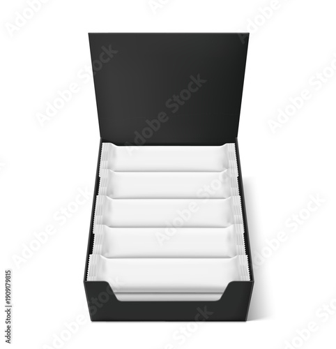 Black show box blank mockup with set flow packaging for food. Vector illustration on grey background. Ready for your design. EPS10.	