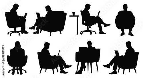 Silhouettes of people sitting in various chair and desk positions