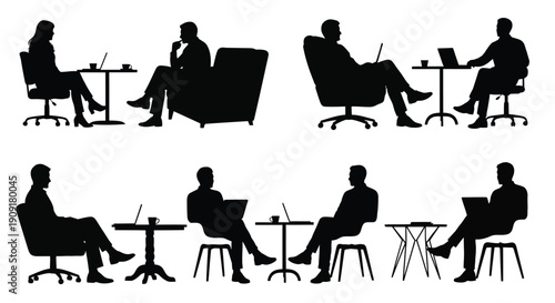 Silhouettes of people relaxing and working in modern office chairs