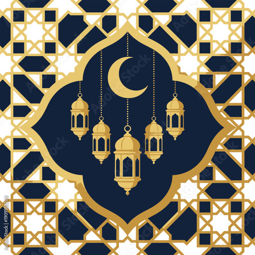 A central golden crescent moon hovers over hanging lanterns within a deep blue recessed area surrounded by intricate white and gold geometric tiling.