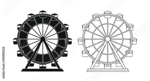 Two ferris wheel illustrations one solid one outlined facing forward