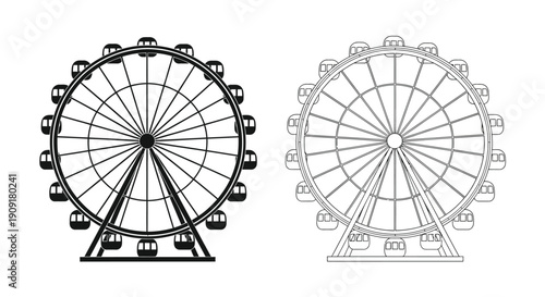 Line art illustration of two ferris wheels in black and white
